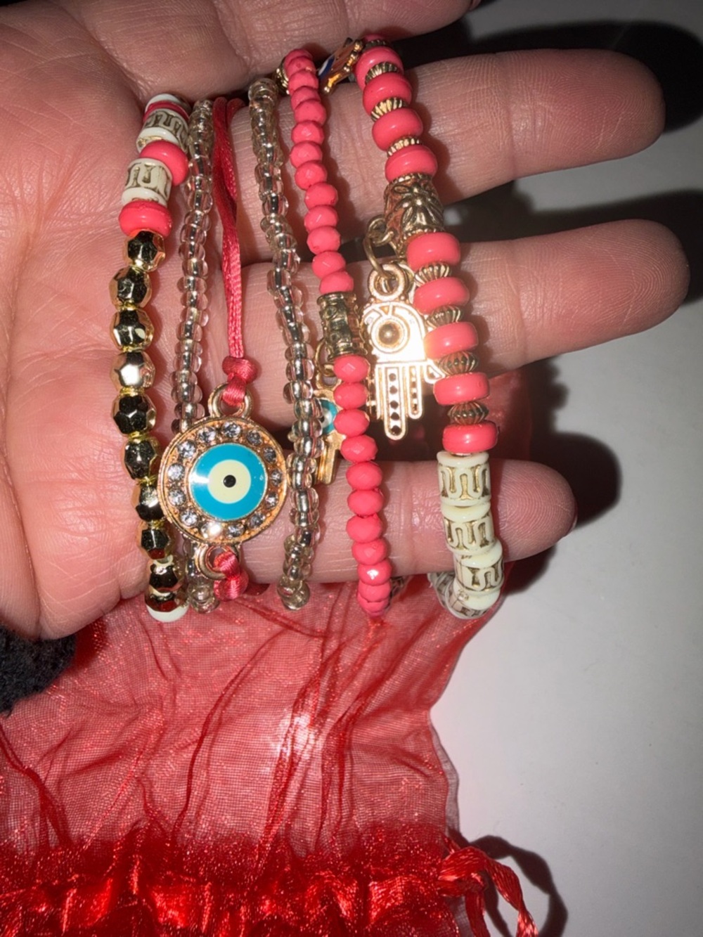 Stackable Pink Beaded Women's Bracelet Set with Evil Eye and Hamsa Charm, NEW!